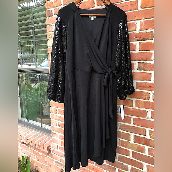 Signature by Robbie Bee Sequined Sleeve Wrap Tie Dress Size 2X - Picture 2 of 12